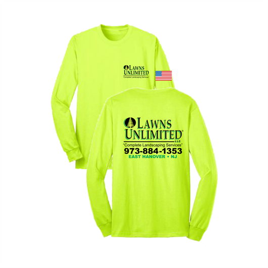 Lawns Unlimited® Long Sleeve Tshirt / Safety Green w/US Flag